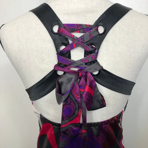 Guess Jeans Bold Pattern Satin Racerback Ribbon Tie Up Back 90's Vintage 3 - Picture 10 of 14